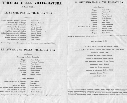 Foto sezione teatro Sergio Fantoni: La trilogia della villeggiatura di C. Goldoni. Regia di Giorgio Strehler. Con Valentina Fortunato, Tino Carraro, Sergio Tofano, Ione Morino, Marcello Giorda, Franco Graziosi, Ottavio Fanfani. 1954