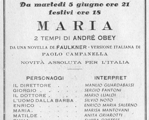 Foto sezione teatro Sergio Fantoni: 1951 Maria di A. Obey. Regia di Vittorio Vecchi. Con Marisa Mantovani, Manlio Guardabassi e Silvio Noto. 1951.